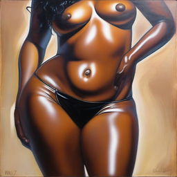 A polished, finished oil-based painting featuring a close-up, front view of the pelvic region of a sexy, slim black woman with wide hips and thick, close-together, shiny oiled thighs