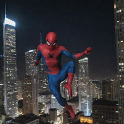 Spiderman swinging amidst the modern skyscrapers of Medellín, Colombia, with the bright city lights reflecting off his suit