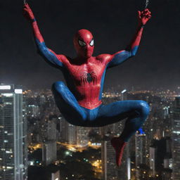 Spiderman swinging amidst the modern skyscrapers of Medellín, Colombia, with the bright city lights reflecting off his suit