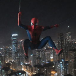 Spiderman swinging amidst the modern skyscrapers of Medellín, Colombia, with the bright city lights reflecting off his suit