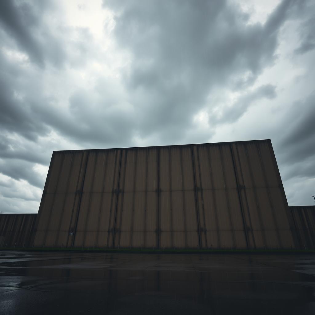 A large, imposing wall under a dark, cloudy sky