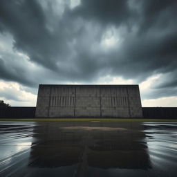 A large, imposing wall under a dark, cloudy sky