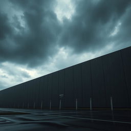 A large, imposing wall under a dark, cloudy sky