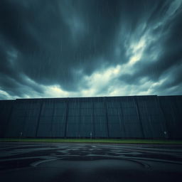 A large, imposing wall under a dark, cloudy sky