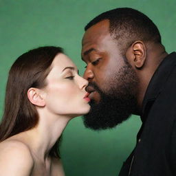 A slender woman with green eyes kissing a stout, heavyset man