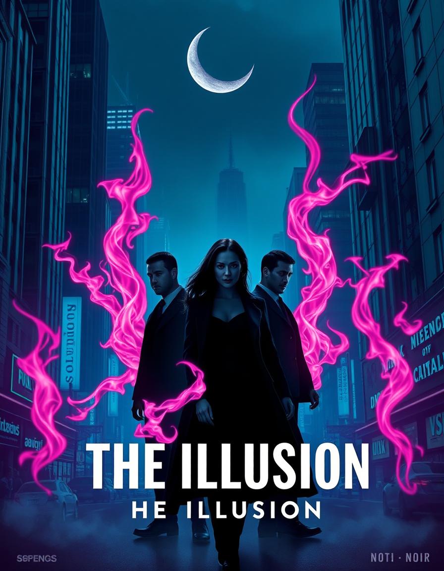 Create a dynamic and eye-catching poster for a movie titled 'The Illusion' in a neo-noir style