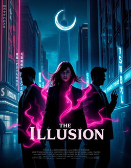 Create a dynamic and eye-catching poster for a movie titled 'The Illusion' in a neo-noir style