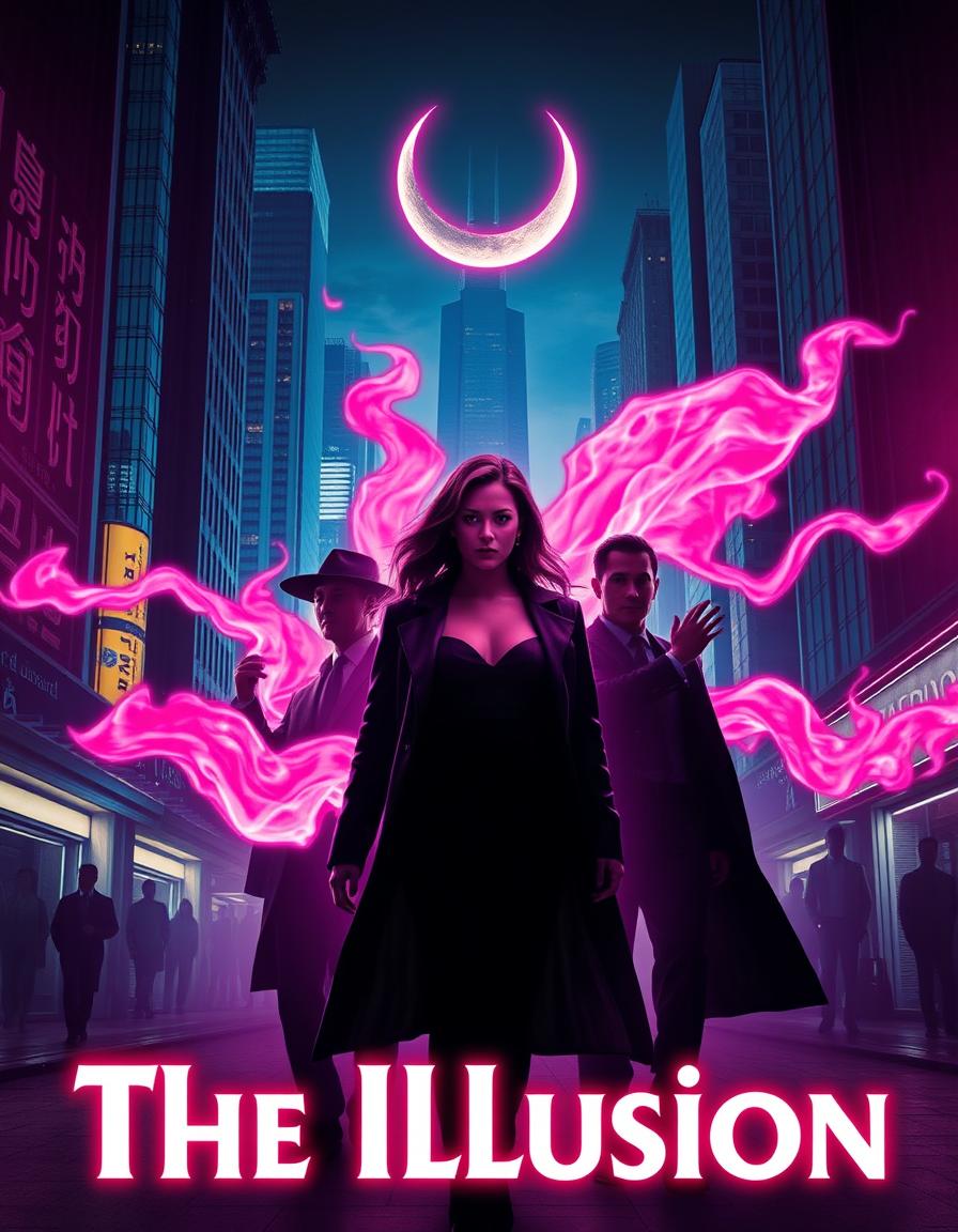 Create a dynamic and eye-catching poster for a movie titled 'The Illusion' in a neo-noir style