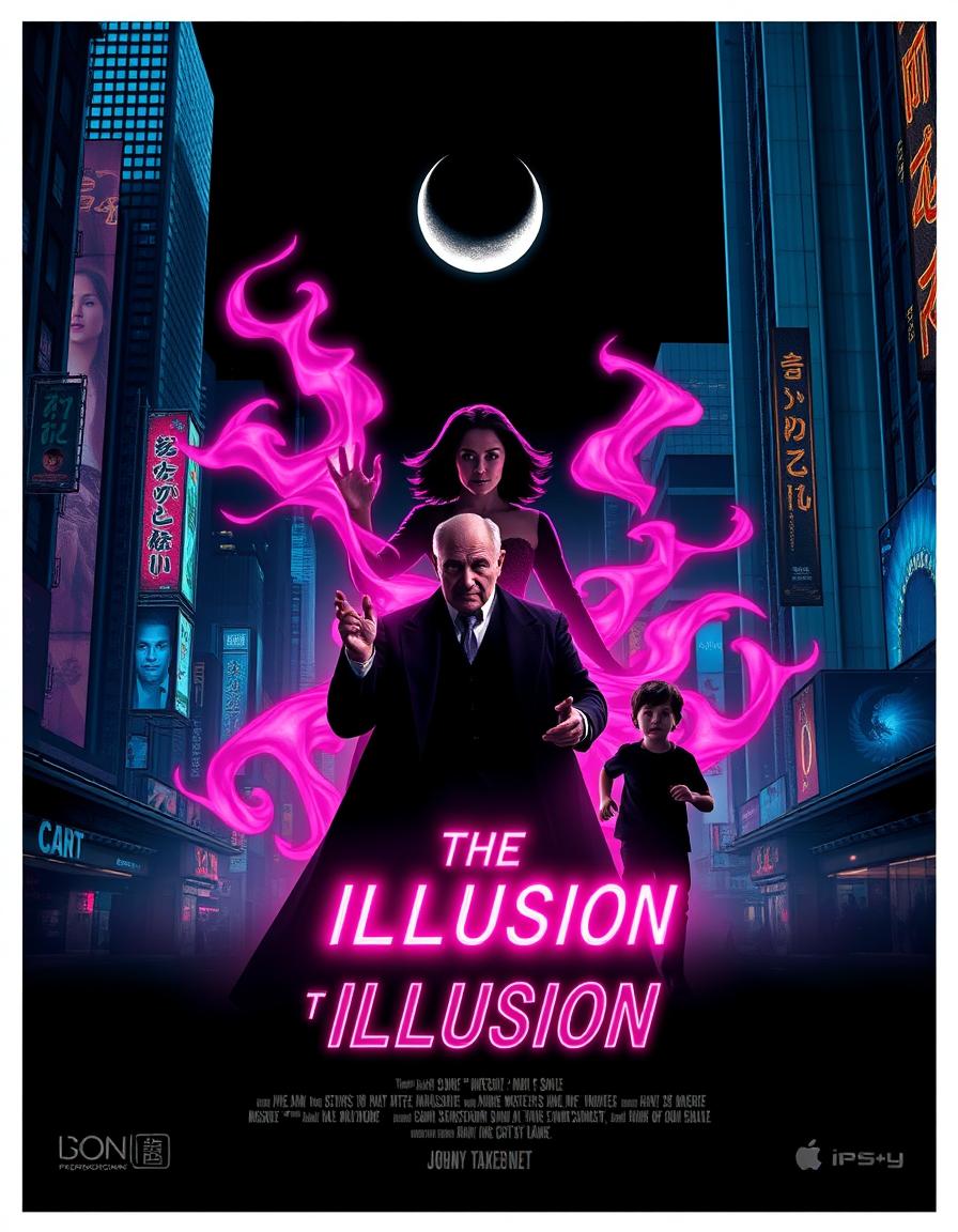 Create a dynamic and eye-catching poster for a movie titled 'The Illusion' in a neo-noir style with neon and urban side lighting