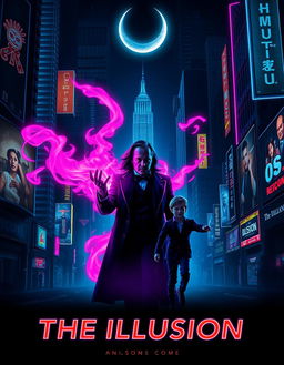 Create a dynamic and eye-catching poster for a movie titled 'The Illusion' in a neo-noir style with neon and urban side lighting