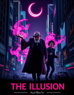 Create a dynamic and eye-catching poster for a movie titled 'The Illusion' in a neo-noir style with neon and urban side lighting