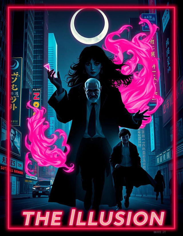 Create a dynamic and eye-catching poster for a movie titled 'The Illusion' in a neo-noir style with neon and urban side lighting