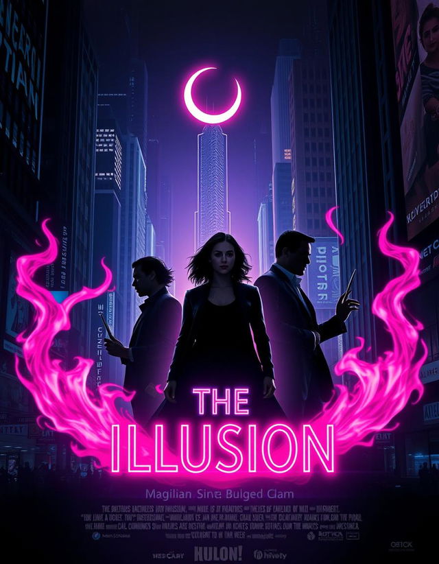 Create a dynamic and eye-catching poster for a movie titled 'The Illusion' in a neo-noir style with neon and urban side lighting