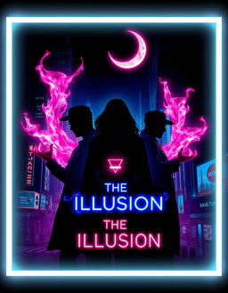 Create a dynamic and eye-catching poster for a movie titled 'The Illusion' in a neo-noir style with neon and urban side lighting