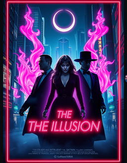 Create a dynamic and eye-catching poster for a movie titled 'The Illusion' in a neo-noir style with neon and urban side lighting