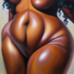 A polished, finished oil-based painting featuring a close-up, front view of the pelvic region of a sexy, slim black woman with voluptuous, thick, close-together, shiny oiled thighs