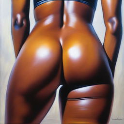 A polished, finished oil-based painting featuring a close-up, front view of the pelvic region of a sexy, slim black woman with voluptuous, thick, close-together, shiny oiled thighs