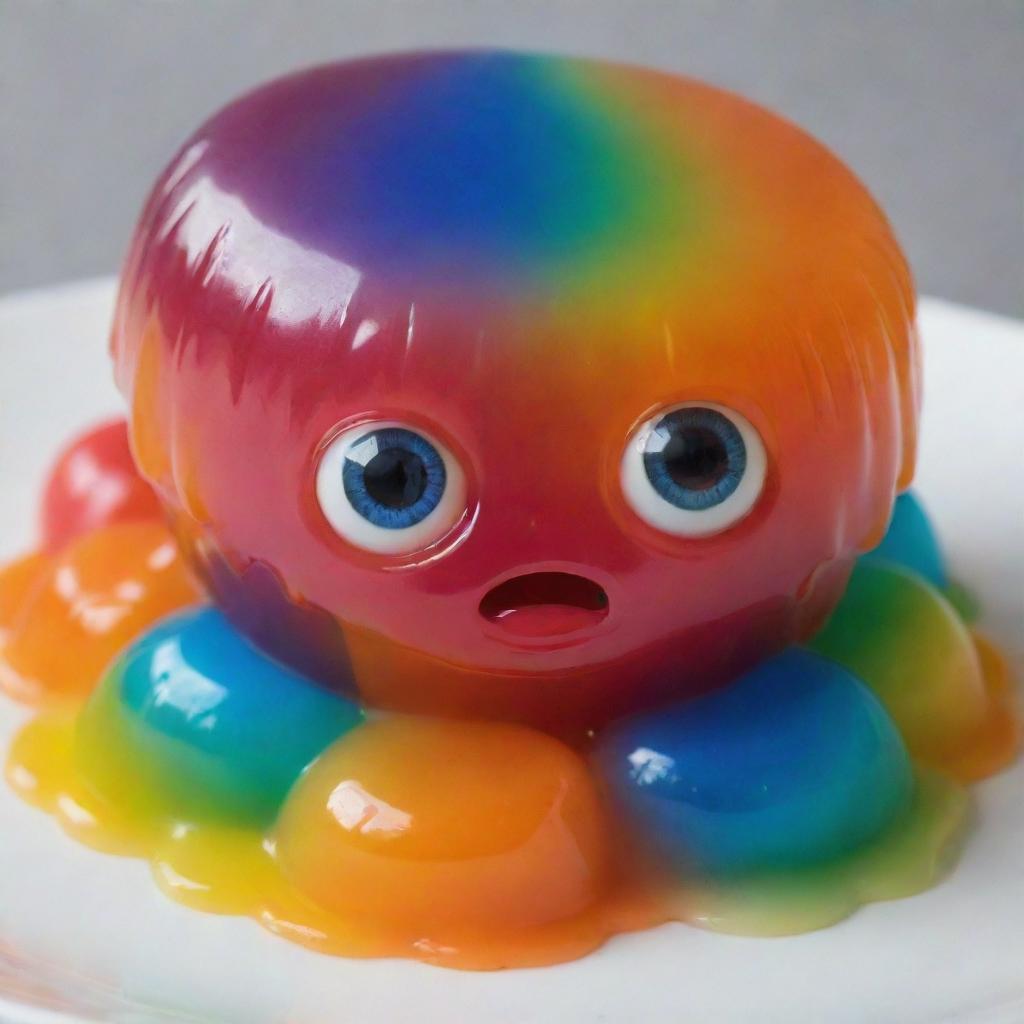 Living rainbow-colored jelly with eyes crying