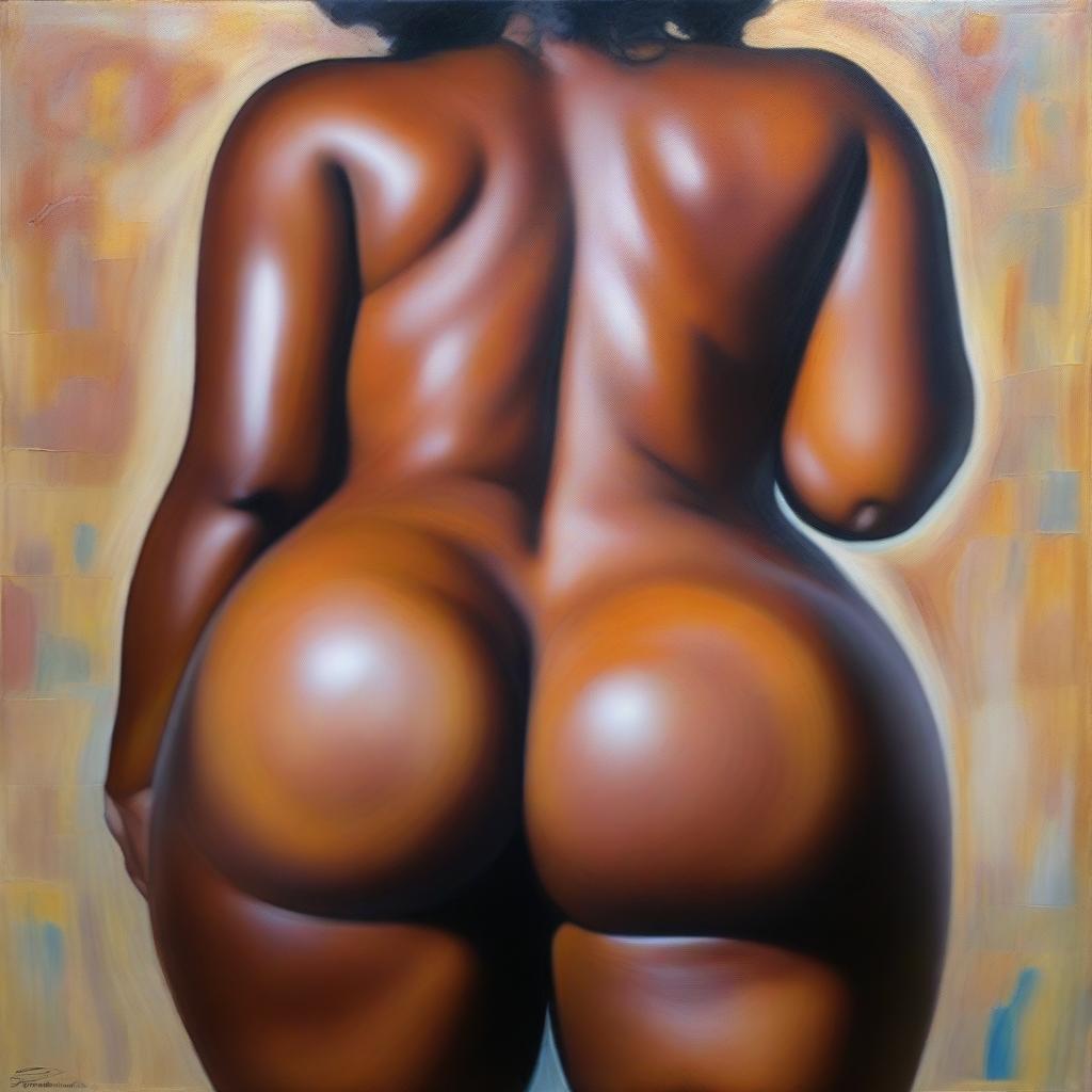 A polished, finished oil-based painting featuring a close-up, front view of the pelvic region of a sexy, slim black woman with voluptuous, thick, close-together, shiny oiled thighs