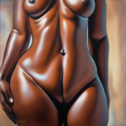 A polished, finished oil-based painting featuring a close-up, front view of the pelvic region of a sexy, slim black woman with voluptuous, thick, close-together, shiny oiled thighs