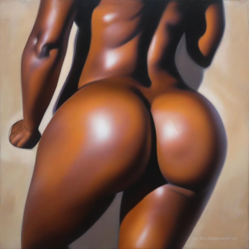 A polished, finished oil-based painting featuring a close-up view of the pelvic region of a sexy, slim black woman with thick, shiny oiled thighs