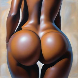 A polished, finished oil-based painting featuring a close-up view of the pelvic region of a sexy, slim black woman with thick, shiny oiled thighs