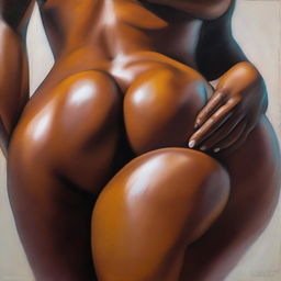 A polished, finished oil-based painting featuring a close-up view of the pelvic region of a sexy, slim black woman with thick, shiny oiled thighs