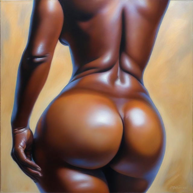 A polished, finished oil-based painting featuring a close-up view of the pelvic region of a sexy, slim black woman with thick, shiny oiled thighs