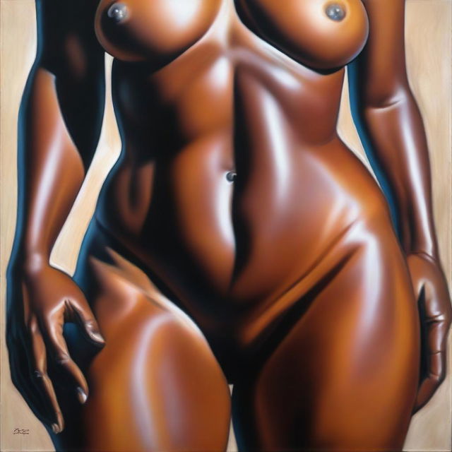 A polished, finished oil-based painting featuring a close-up, front view of the pelvic region of a sexy, slim black woman with thick, shiny oiled thighs