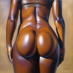 A polished, finished oil-based painting featuring a close-up, front view of the pelvic region of a sexy, slim black woman with thick, shiny oiled thighs