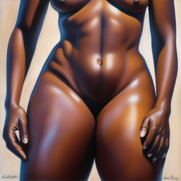 A polished, finished oil-based painting featuring a close-up, front view of the pelvic region of a sexy, slim black woman with thick, shiny oiled thighs