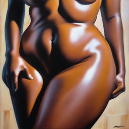 A polished, finished oil-based painting featuring a close-up, front view of the pelvic region of a sexy, slim black woman with thick, shiny oiled thighs