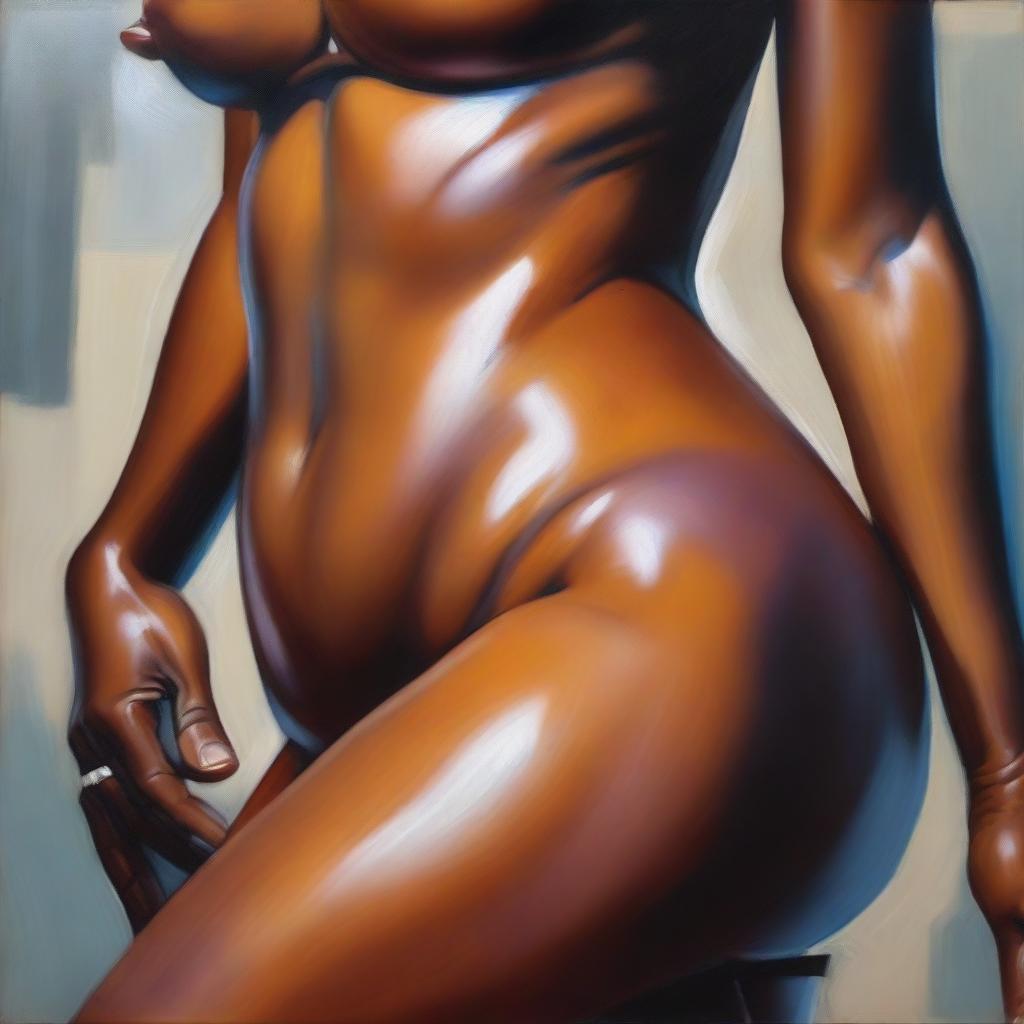 A polished, oil-based painting featuring a close-up, front view of the pelvic region of a sexy, slim black woman with thick, shiny oiled thighs