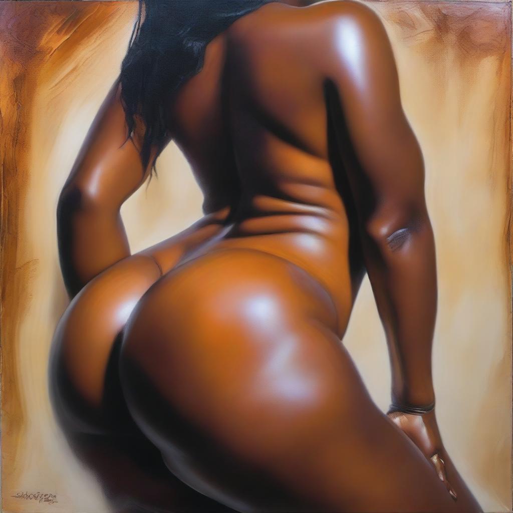 A polished, oil-based painting featuring a close-up, front view of the pelvic region of a sexy, slim black woman with thick, shiny oiled thighs