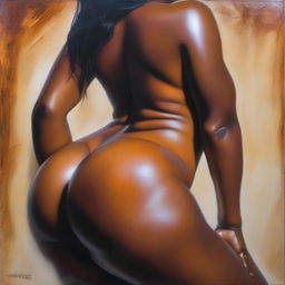 A polished, oil-based painting featuring a close-up, front view of the pelvic region of a sexy, slim black woman with thick, shiny oiled thighs