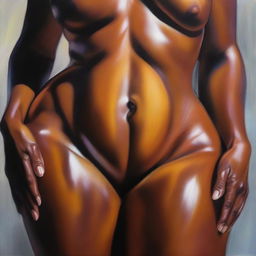 A polished, oil-based painting featuring a close-up, front view of the pelvic region of a sexy, slim black woman with thick, shiny oiled thighs