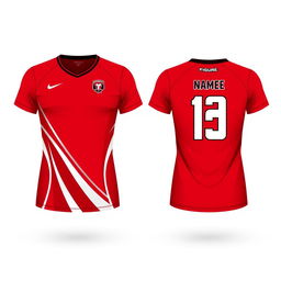 Create a red volleyball jersey design, showing both the front and back views