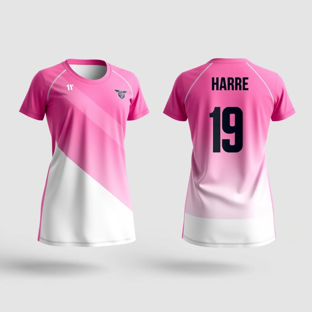 Create a pink volleyball jersey with a white gradient, showing both the front and back views