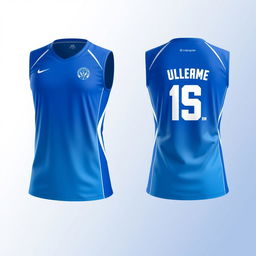 Create a blue volleyball jersey with a white gradient, showing both the front and back views