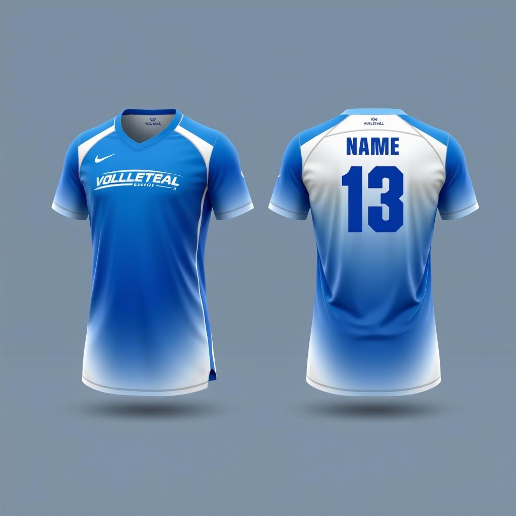 Create a blue volleyball jersey with a white gradient, showing both the front and back views