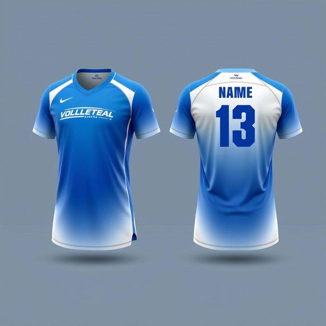 Create a blue volleyball jersey with a white gradient, showing both the front and back views