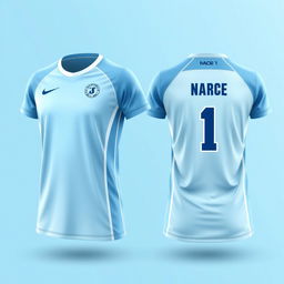 Create a light blue volleyball jersey with a white gradient, showing both the front and back views