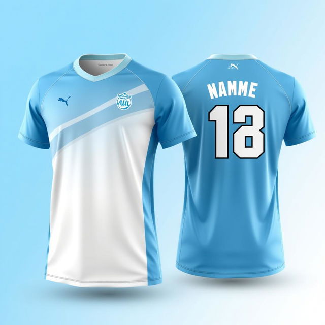 Create a light blue volleyball jersey with a white gradient, showing both the front and back views