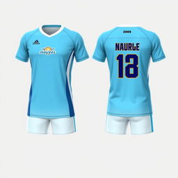 Create a light blue volleyball jersey with a white gradient, showing both the front and back views