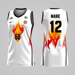 Create a white volleyball jersey with a fiery motif, showing both the front and back views