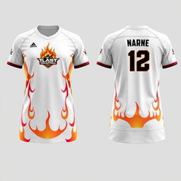 Create a white volleyball jersey with a fiery motif, showing both the front and back views