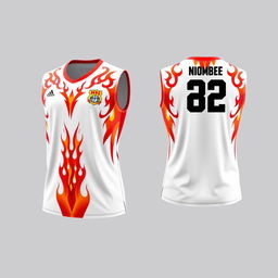 Create a white volleyball jersey with a fiery motif, showing both the front and back views