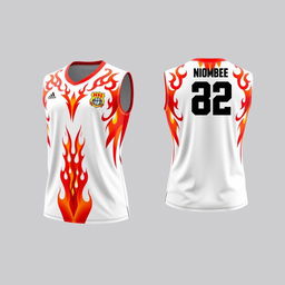 Create a white volleyball jersey with a fiery motif, showing both the front and back views