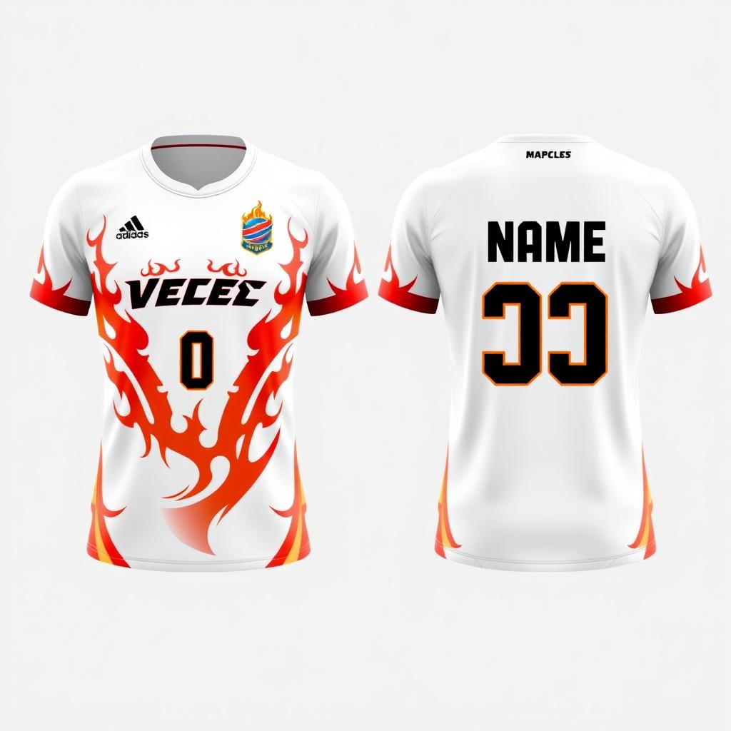 Create a white volleyball jersey with a fiery motif, showing both the front and back views