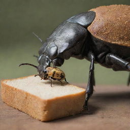 A detailed close-up of a beetle eating a piece of bread, while balanced on top of a rhinoceros' back.